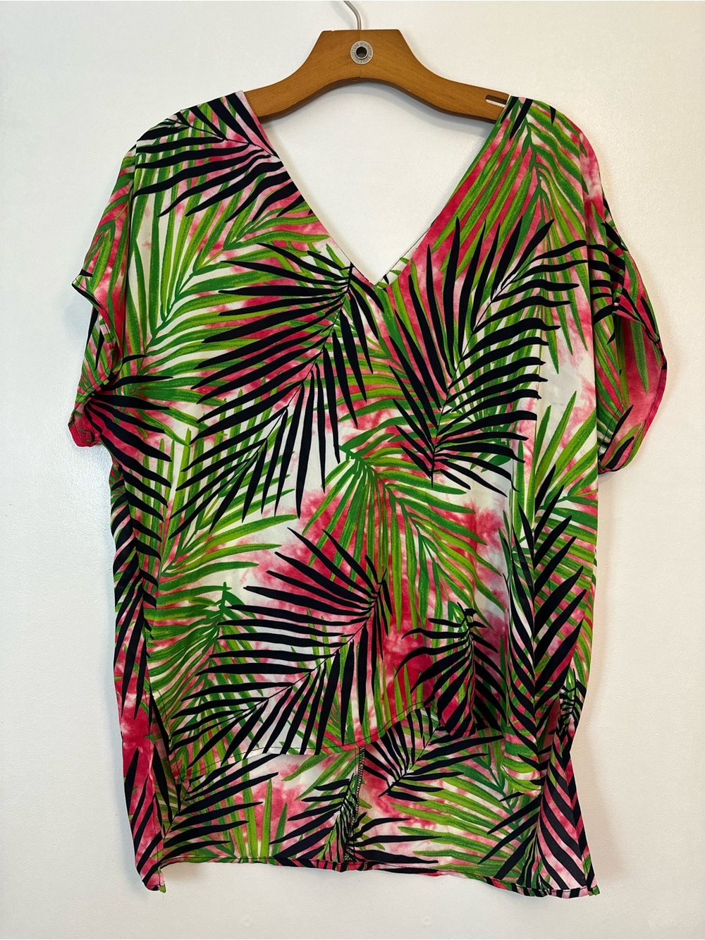 Caramela Tropical Palm V-Neck Dress in Pink & Green